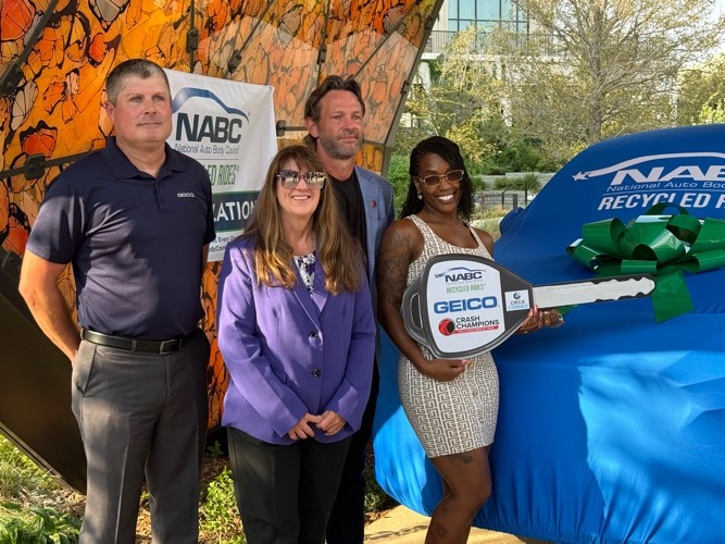 Paula Peterson, receiving her 2020 Toyota CHR, donated by GEICO and refurbished by the technicians at Caliber New Braunfels